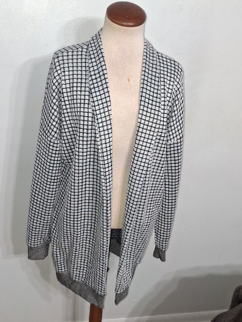 Open Front Grid Print Cardigan - Black & White- W Sz Large